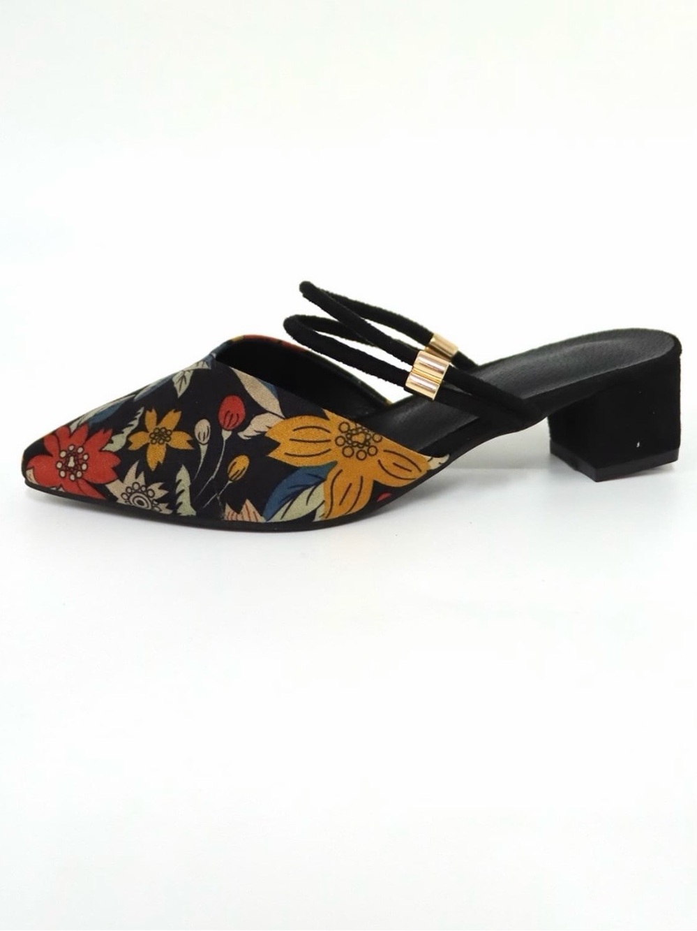 Floral Pointed Toe Slip-On Mules in Black and Mustard